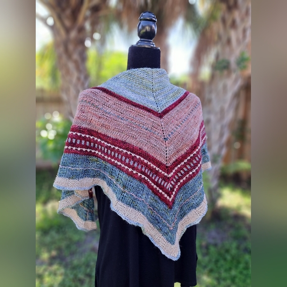 Hand Crafted OOAK Soft Wool Triangular Striped Natural Red Pink Blue Knit Wrap - Picture 2 of 12